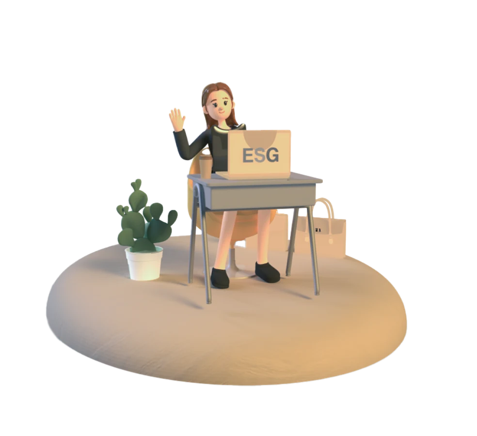 Woman waving from a desk with an ESG laptop