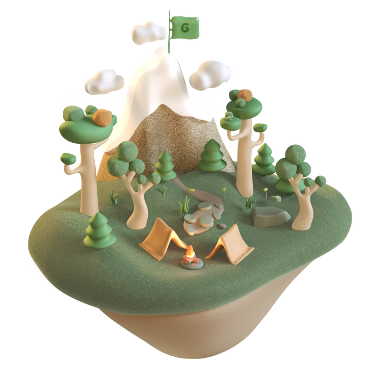 Floating island with a camp, trees and a Greenpertise flag