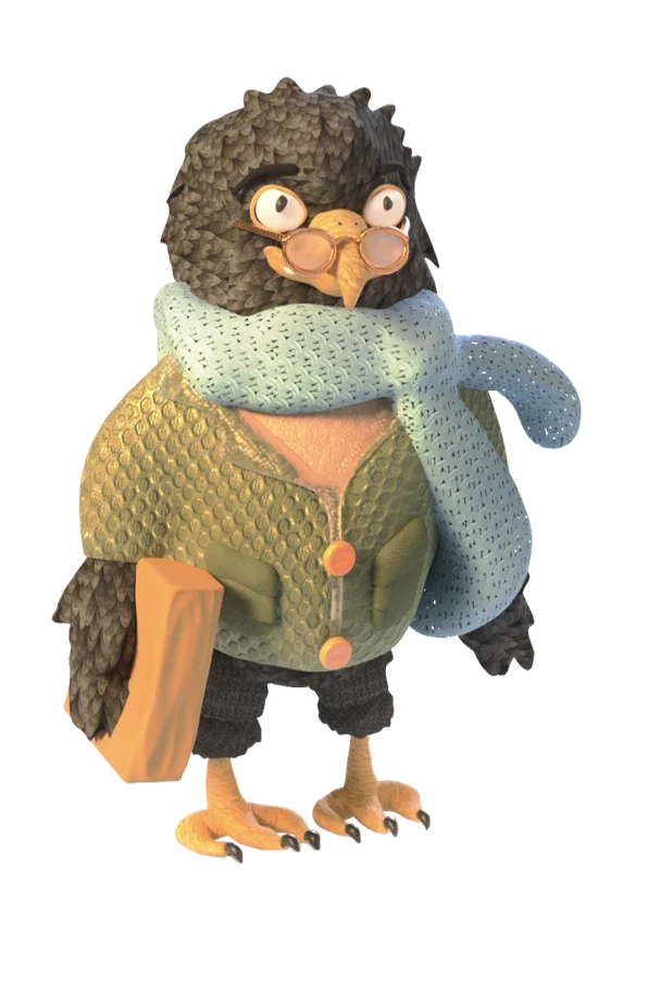 Owl character in a blue scarf