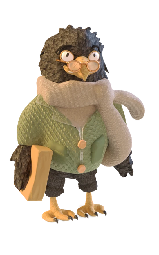 Owl character in a light scarf
